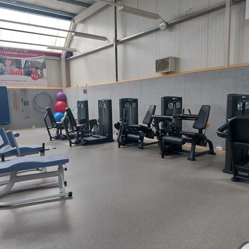 Fitnessraum mit verschiedenen Ger&auml;ten, darunter Gewichte, Trainingsb&auml;nke und gro&szlig;e &Uuml;bungsb&auml;lle.
