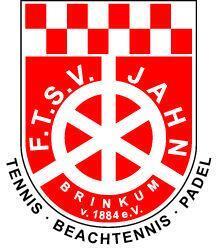 Logo des FTSV Jahn Brinkum mit rotem Hintergrund, wei&szlig;en Schriftz&uuml;gen und einem stilisierten Rad in der Mitte.
