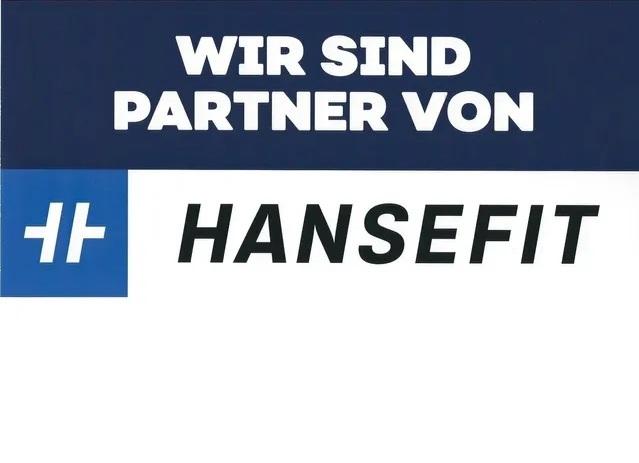 Logo-Design mit dem Text &bdquo;Wir sind Partner von Hansefit&ldquo; auf blauem Hintergrund.