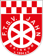 Wappen des FTSV Jahn Brinkum, rot und wei&szlig;, mit einem Kreuz und Schachbrettmuster im oberen Bereich.