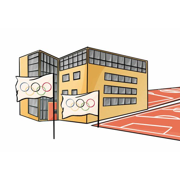 Illustration eines modernen Geb&auml;udes mit Olympiagel&auml;ndern und rotem Sportplatz im Vordergrund.