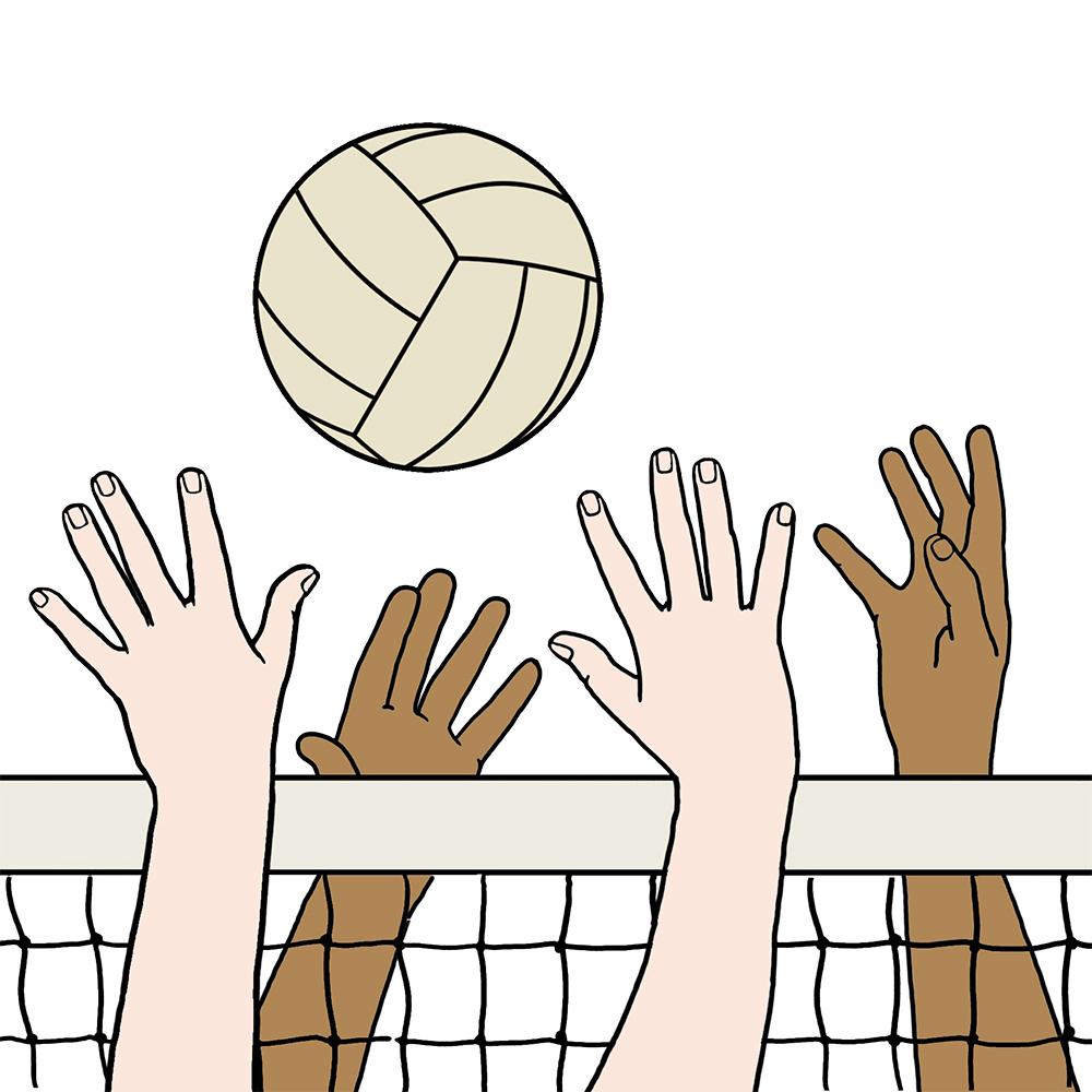 H&auml;nde greifen nach einem Volleyball &uuml;ber einem Netz, dargestellt gegen einen wei&szlig;en Hintergrund.