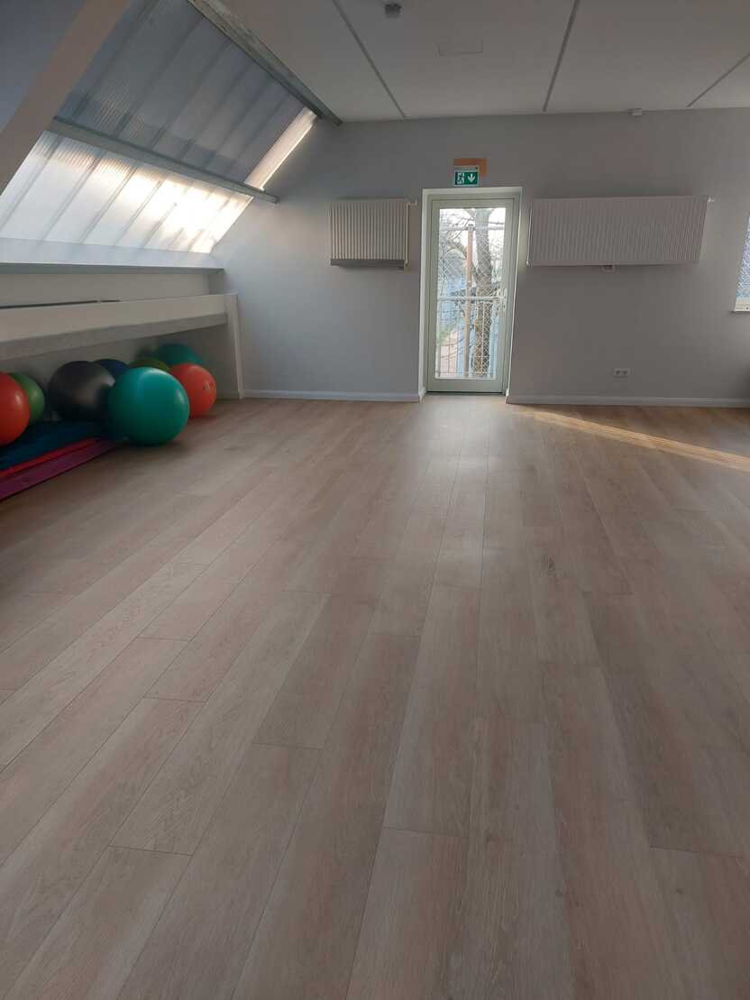 Heller, leerer Raum mit Holzfußboden, Fitnessbällen in den Ecken und einer Tür, die nach draußen führt.