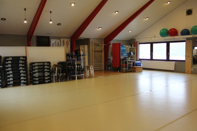 Innenansicht eines Trainingsraums mit Matten, Fitnessger&auml;ten und bunten Gymnastikb&auml;llen an der Wand.